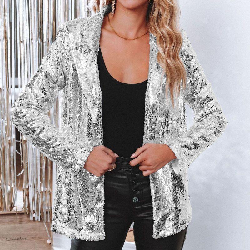 

Sequin Suit Women clothes European and American Spring New Commuter Cardigan Lapel Long sleeve Sequins Blazer Outerwear Silver XXL