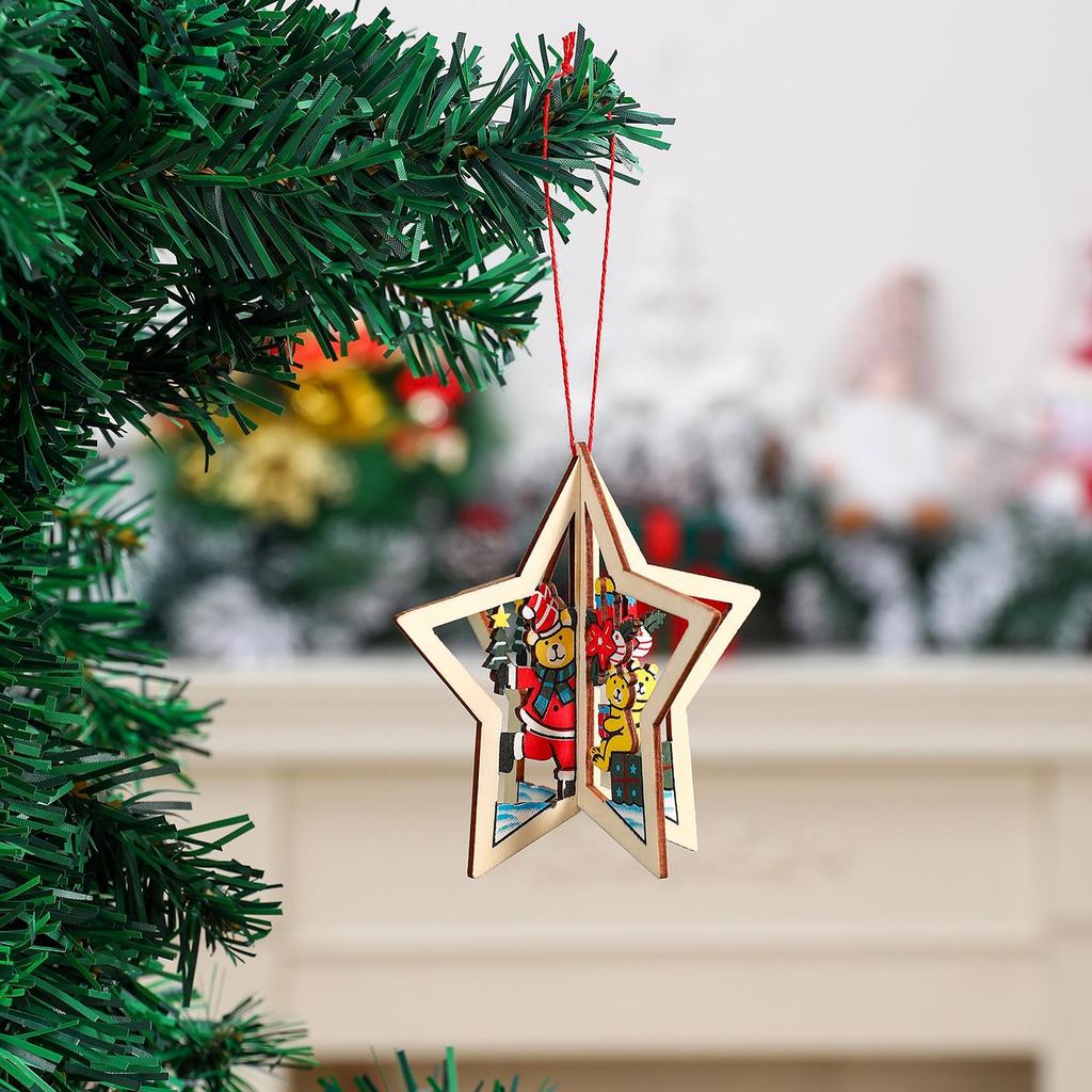 3D Wooden Christmas Tree Ornaments: Bells & Stars Scene Decoration