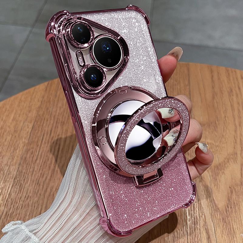 For Pura 80 Pro+ Plating Glitter Mirror Holder Silicone Shockproof Case for Huawei Pura 80 Ultra Magnetic Stand Back Cover