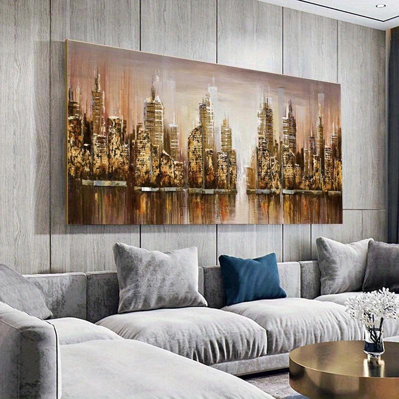 Texture Abstract Panoramic City Skyline Painting Canvas Painting Wall Art Painting Black Gold Artwork Living Decor