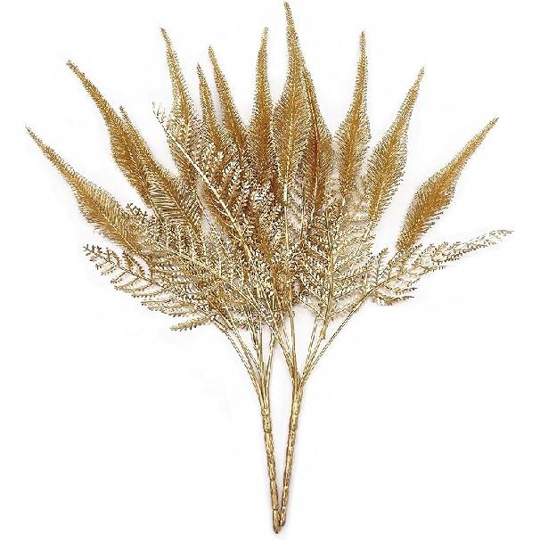 PASYOU Fake Leaves Plants for Christmas Decor, Gold Artificial Shrubs Grass Foliage Plastic Bulk Leaf Indoor Outdoor Home Garden Party Hotel Verandah