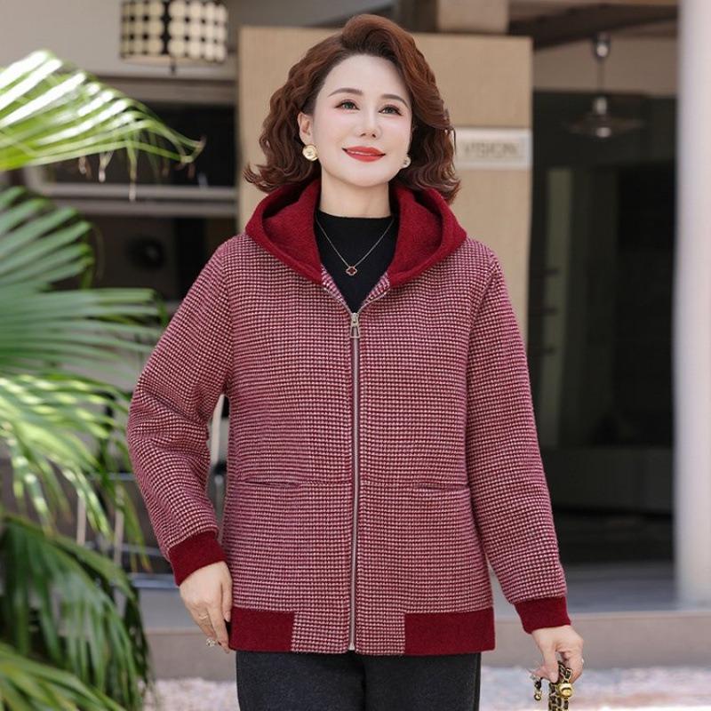 Temperament Mom Autumn Jacket Noble Plaid Top Aged Elderly Women's Autumn and Winter Hooded