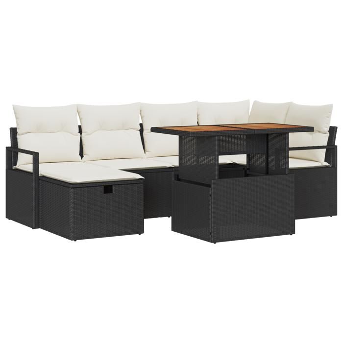 Ensemble de 7 Pièces de Canapés de Jardin avec Coussins Noir Rattan Poly, Canapé de Jardin 2 Places avec Coussins Noir 3359995