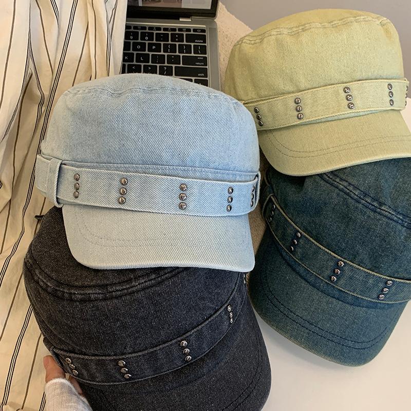 Koreanische Retro-Denim-Barettmütze mit flachem Oberteil für Damen für Frühling und Herbst Großer Kopfumfang Gesicht zeigend Kleine Schirmmütze Alte gewaschene Mütze Trendig