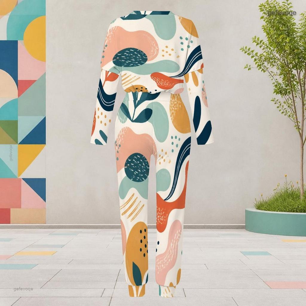 Women Plus Size Colorful Printed Round Neck Long Sleeve Cuffed Top And Pants Two Piece Set