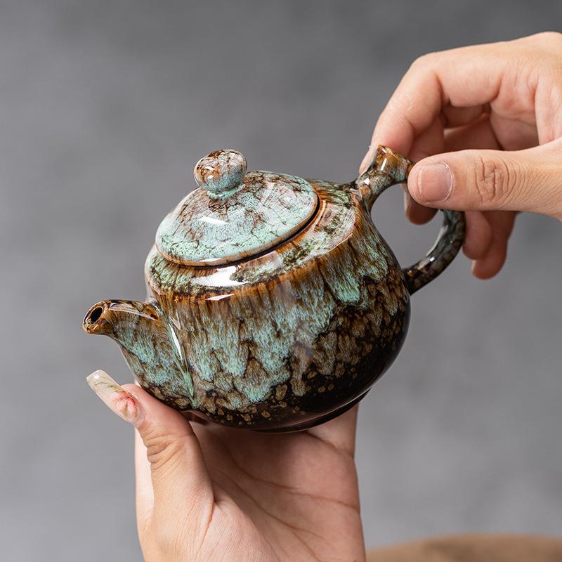New Kiln Change Tenmoku Glaze Teapot Retro Tea Brewing Beauty Point Large Dragon Handle Teapot Jian Zhan Tea Brewer