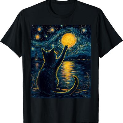 Black Cats Lover Starry Night Vincent Van Gogh T-Shirt(1)