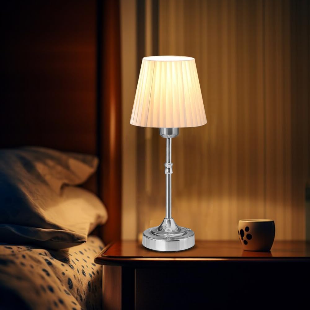 Cordless LED Metal Table Lamp, Portable Fabric Shade Desk Lamp, 3-Level Brightness, Touch Sensor Control, Rechargeable Bedside/Nursery/Dining Room