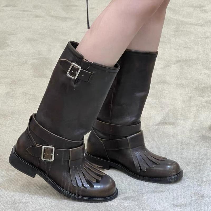 

Cowhide version~ Skinny wide-mouth medium boots women s fringed belt buckle locomotive boots Spice girl style polish color western short boots tide 35
