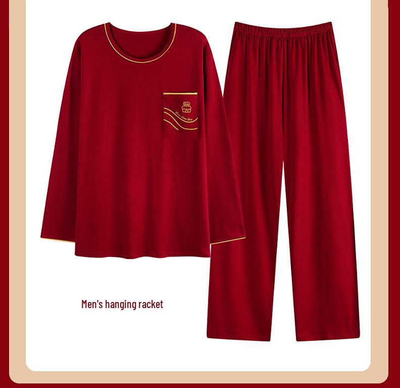 Red Cotton Couple Pajamas - Sweet, Cute, Loose, Long Sleeve Set for Spring/Autumn Newlyweds