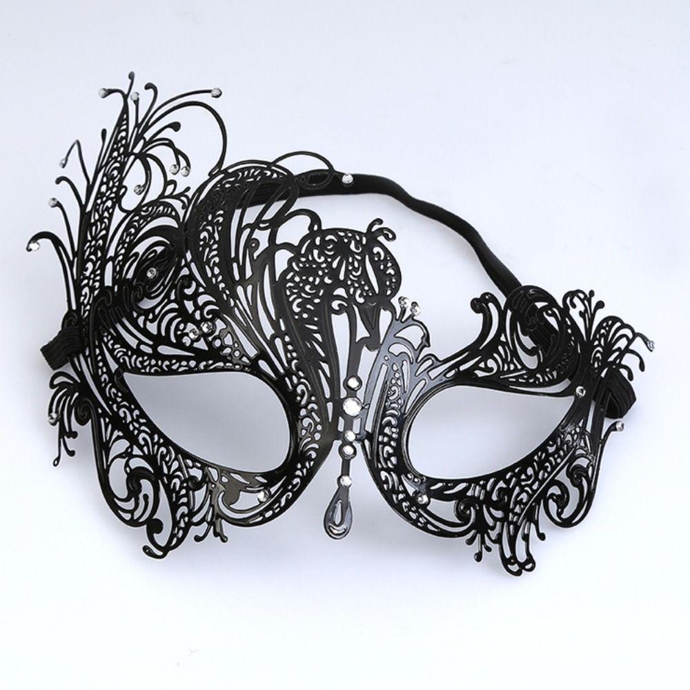 

Black Gold Skull Metal Mask Halloween Rhinestone Half Face Venetian Masquerade Men White Women Skull Party Mask as the picture-