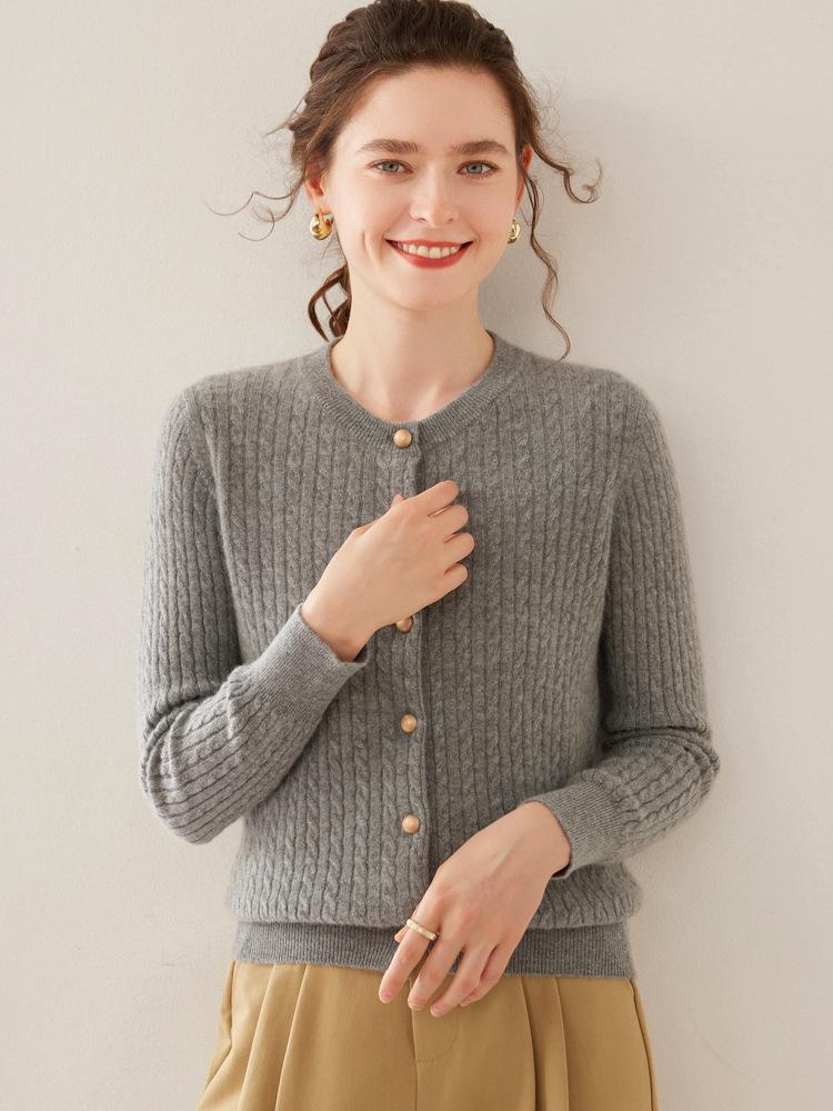 Women's Round Neck Single-Breasted Wool Cardigan - Autumn/Winter Cable Knit Long Sleeve Sweater Jacket