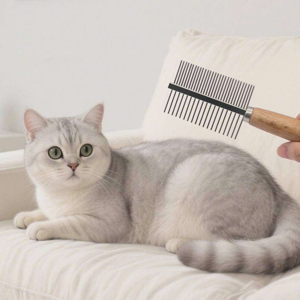Peigne à puces en acier à manche en bois: Outil de toilettage pour animaux de compagnie pour chiens et chats pour enlever les poils morts avec une conception à dents fines.