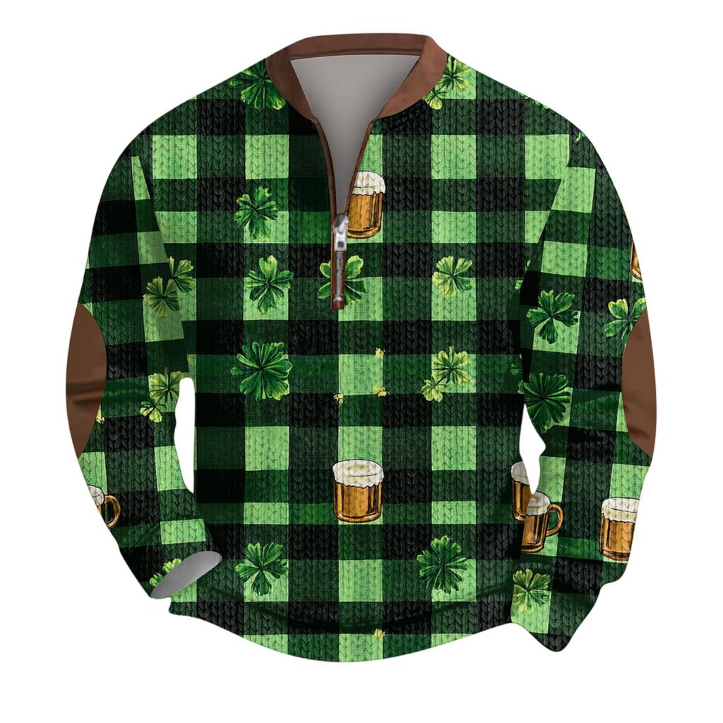 Mens Christmas Sweater Zip Up Sweatshirts Vintage Knit Graphic Sweatshirt St. Patrick's Day Stand Collar Pullover