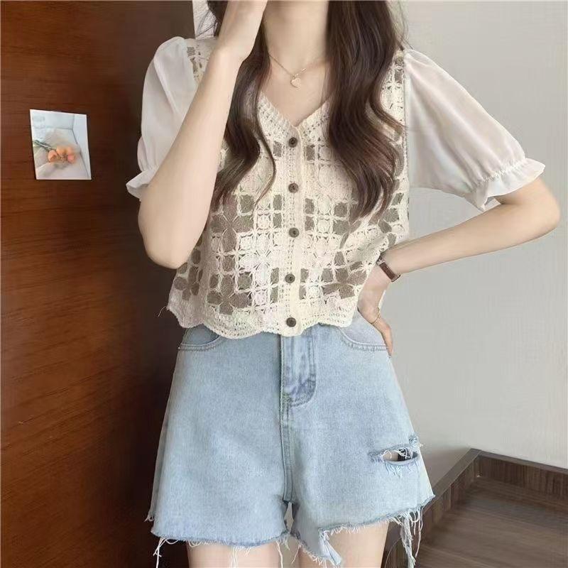 Hollow Short Top Knitted Shirt Cardigan Jacket 1116 Summer New Short-sleeved Thin Internet Celebrity Lace Shirt