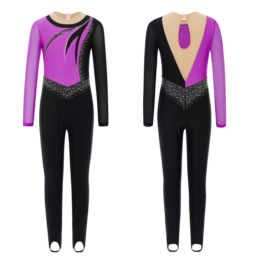 Mädchen Gymnastikkostüm Langarm Mesh Patchwork mit glänzenden Strasssteinen Schlüssellochrücken Tanz Jumpsuit