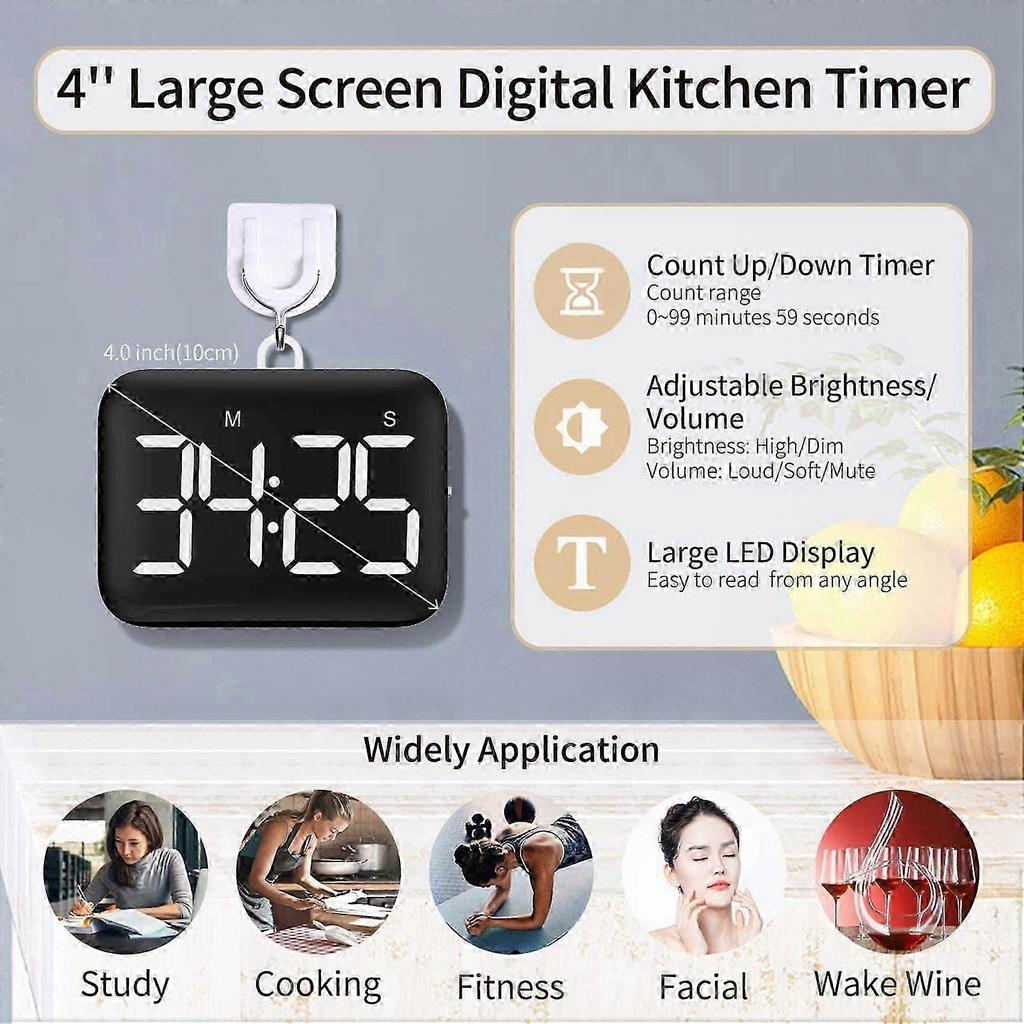 4X Digitaler Küchen-Timer - Magnetischer Countdown-Zähl-Timer mit großem LED-Display, laute Lautstärke zum Kochen und für Kinder