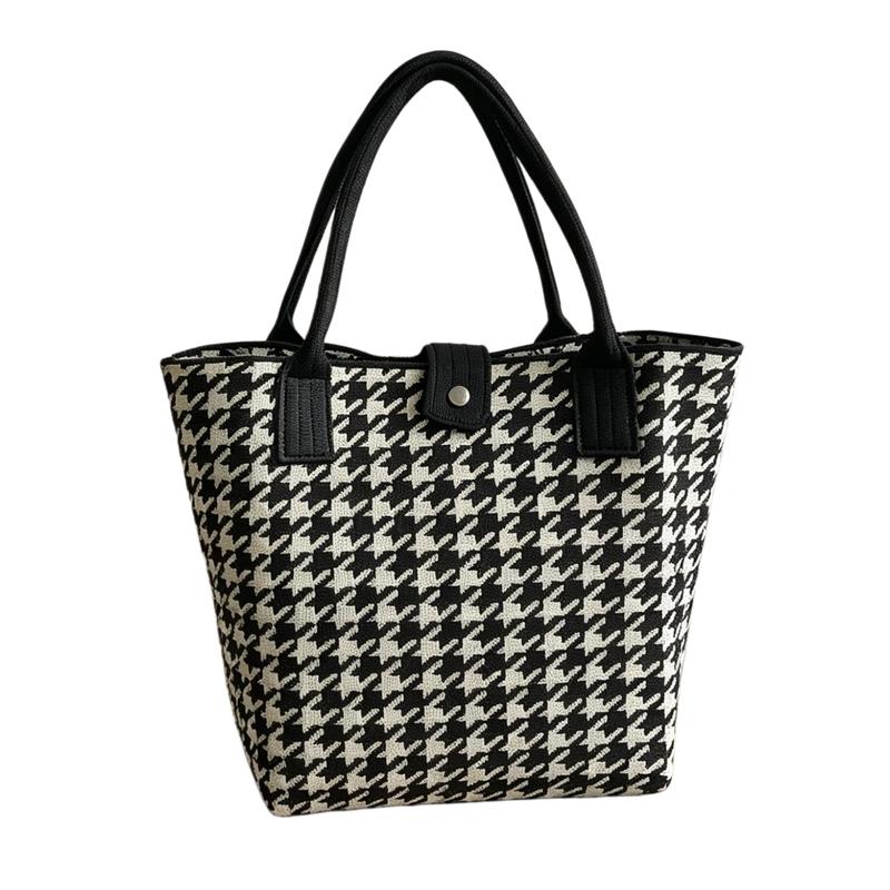 

Houndstooth Knitted Bucket Bag Large Capacity Handbag Casual Commute Portable Tote Bag Fashion Korean Japanese Style Ladies Shoulder Bag чорний