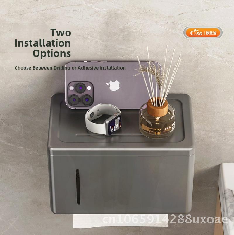 Waterproof Toilet Tissue Box Modern Minimalist Space Aluminum Bathroom Hand Paper Box Roll Paper Compatible Punch-Free Design
