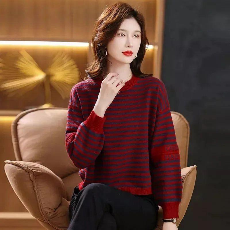 Autumn and Winter Round Neck Bottoming Shirt Women's Loose Inner Striped Top Fashion Plus Size Mother's All-match Sweater