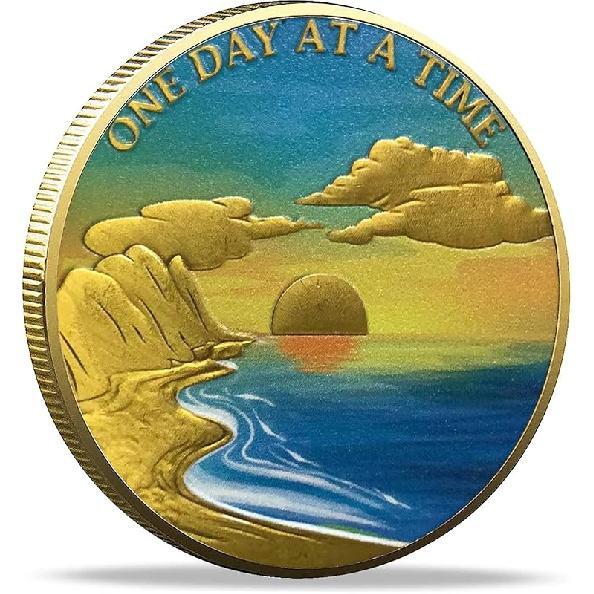 Serene Beach Sunrise Sobriety Chip ONE Day at A TIME AA Medallion Serenity Prayer Coin Recovery Gift (Pack of 10) Single Coin