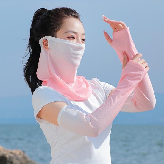 2Pcs/Set Face Guard Sun Protection Oversleeve Set, Ice Silk Cooling Fabric Arm Sleeves with Thumb Buckle Cuffs, for Outdoor Commuting Camping