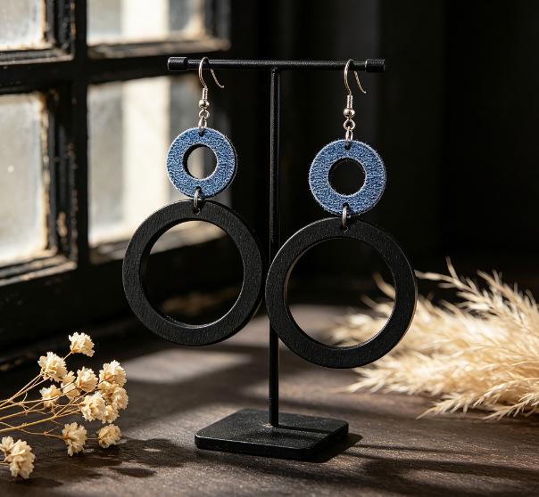 Women's European Style Patchwork Denim & Hollow Wood Round Dangle Hoop Earrings