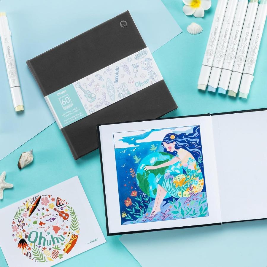 Ohuhu DoubleSided Marker Pad Art Sketchbook Bleedproof 8.3x8.3 Square Paper Size 90 lb 150 GSM Smooth Drawing Paper 60 Sheets 1