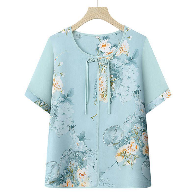 Mother s Day Summer Chiffon Shirt for Middle-Aged & Elderly Women - Chinese Style Short Sleeve Grandma Top 5XL for 144-160 kg