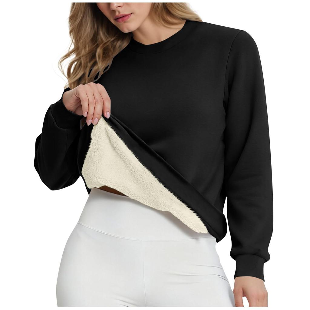 Women's Casual Fashion RoundNeck Pullover Top Winter Solid Color Plush Sweatshirt