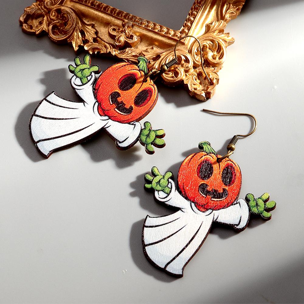 New Halloween Wooden Earrrings for Women Funny Creative Witch Ghost Pumpkin Flower Drop Earring Party Jewelry Hallowmas Gifts
