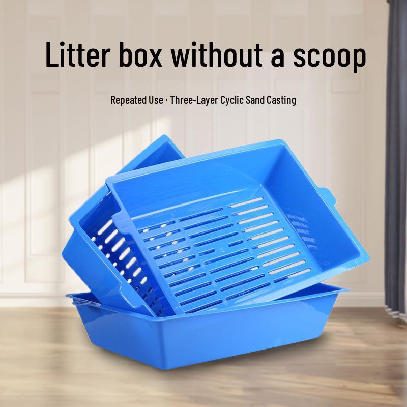 Extra Large Stackable Odor-Control Cat Litter Box - Open Design, No-Scoop Needed 3-Layer Cat Toilet синий