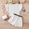 Zestaw modowy dla dziewczynek 2025 lato dziecięcy casualowy jednolity kolor falbanki okrągły dekolt nadruk krótkie spodenki pasek trzyczęściowy zestaw