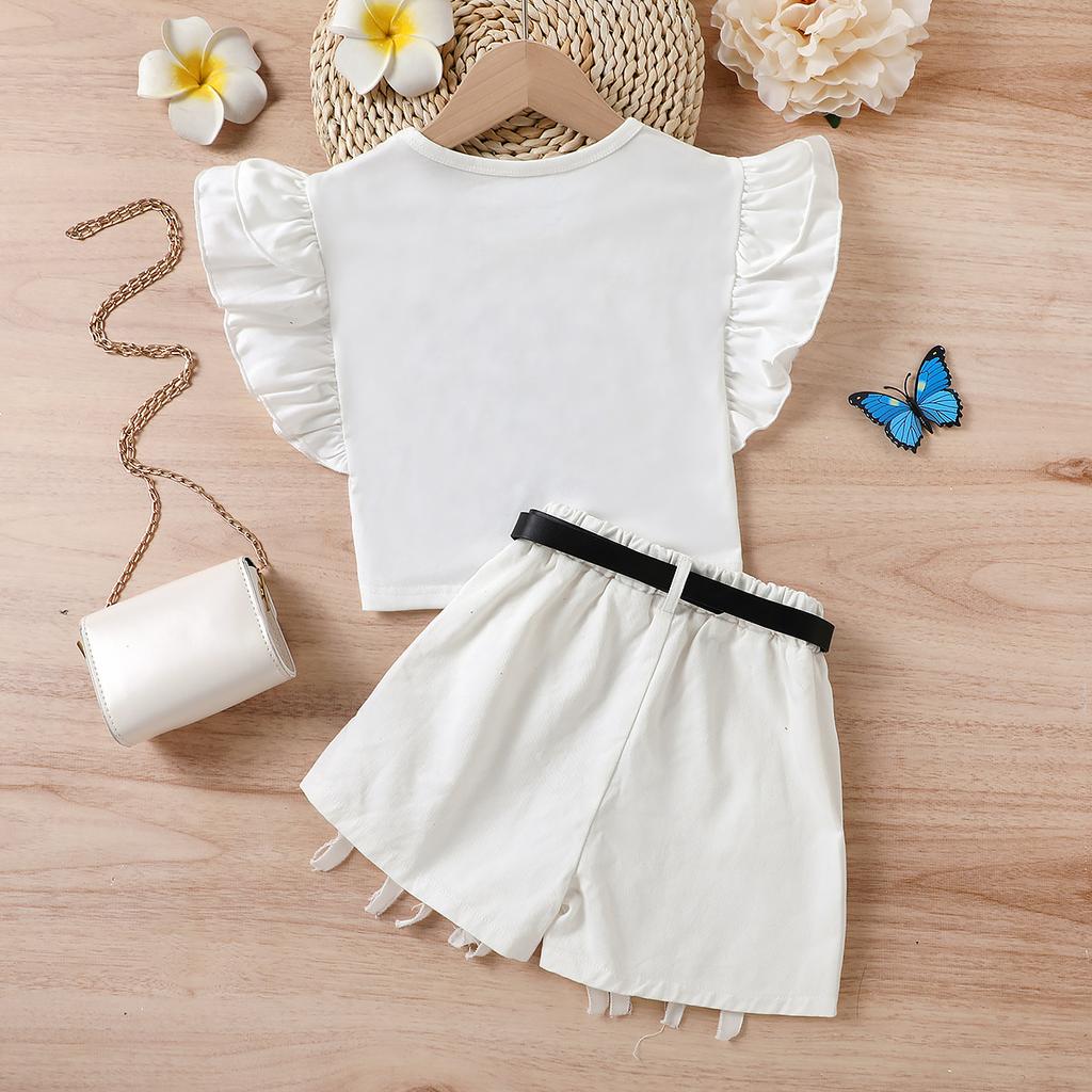 Zestaw modowy dla dziewczynek 2025 lato dziecięcy casualowy jednolity kolor falbanki okrągły dekolt nadruk krótkie spodenki pasek trzyczęściowy zestaw