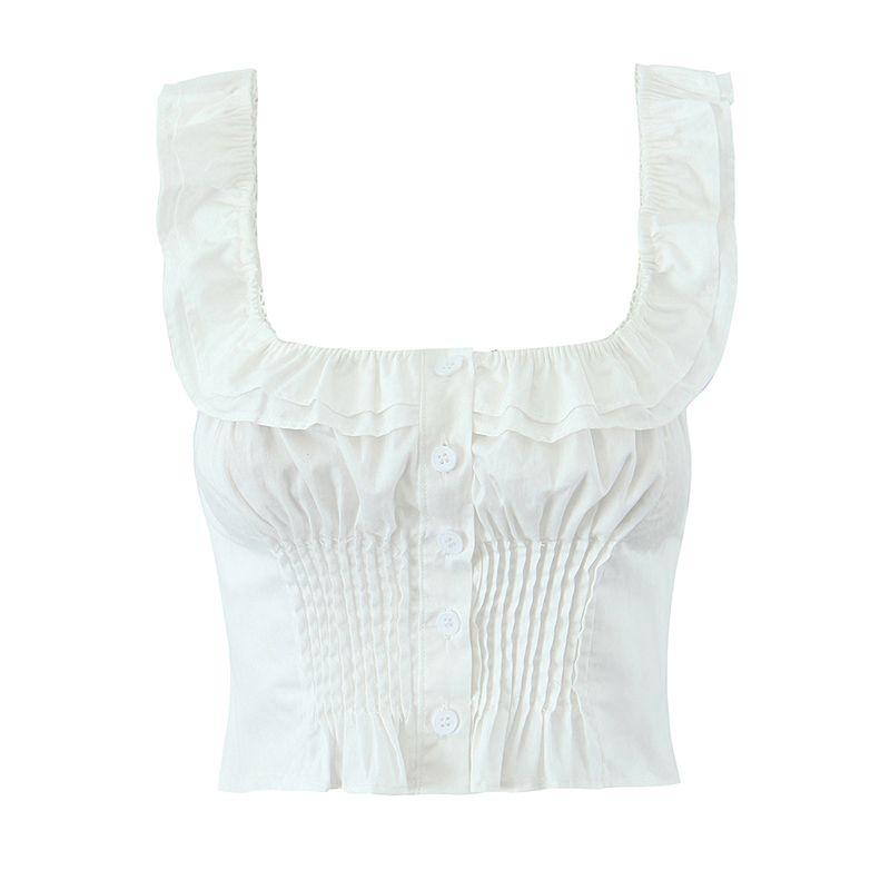 

Summer Prague Pincess French Style Beautiful Atmosphere Ruffles Sleeveless Small Top Skirt Two-piece Set White Ruffles sling L