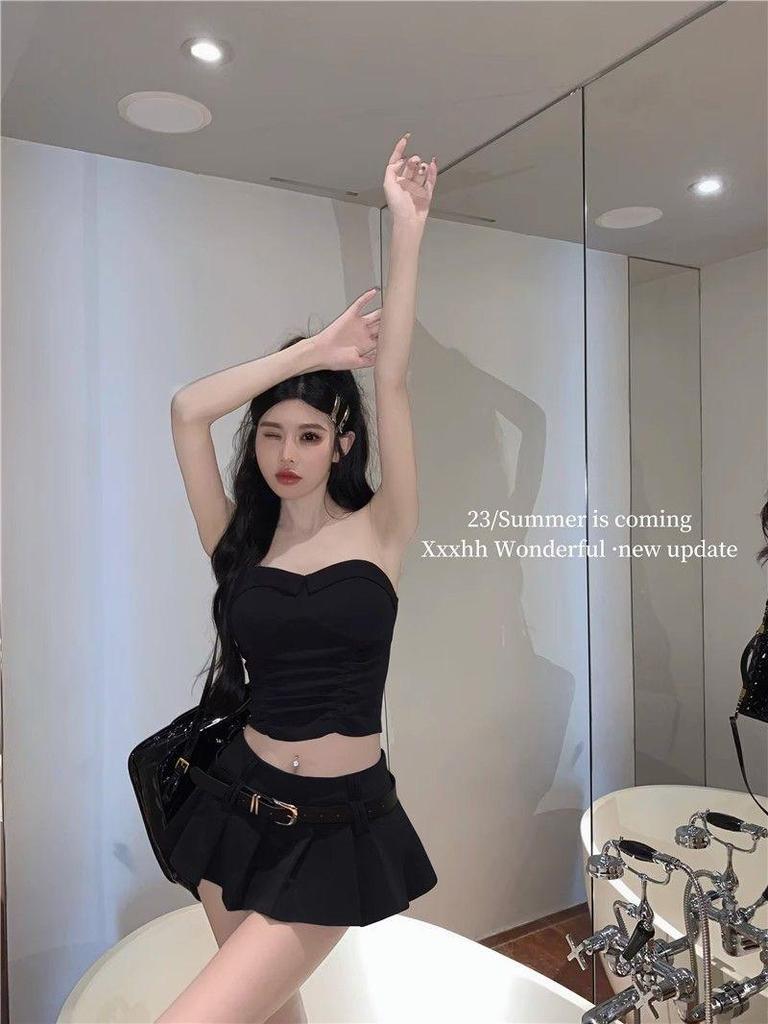 Gray Low Waist A-Line Pleated Midi Skirt for Women, Korean Style 2025 Summer Fashion, Versatile and Slimming Mini Skirt.
