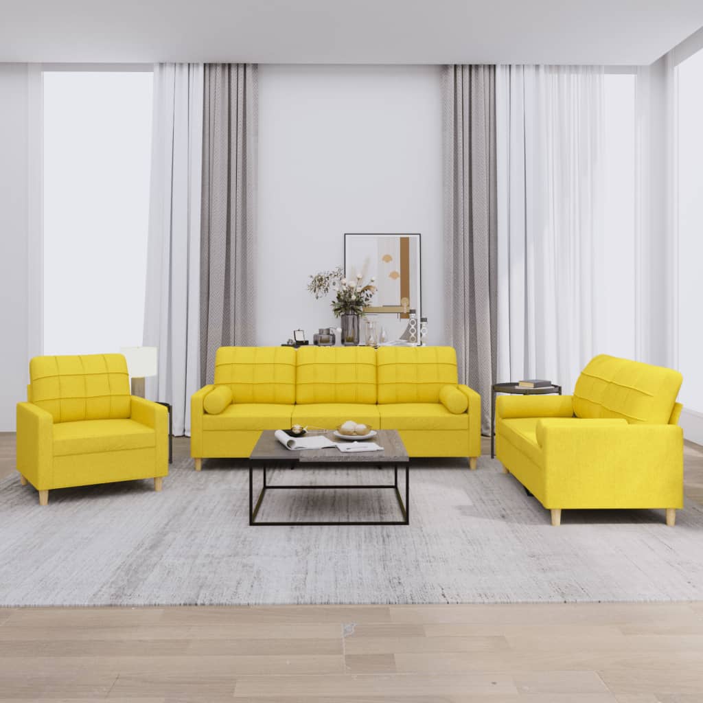 3 Piece Sofa Set with Cushions Light Yellow Fabric