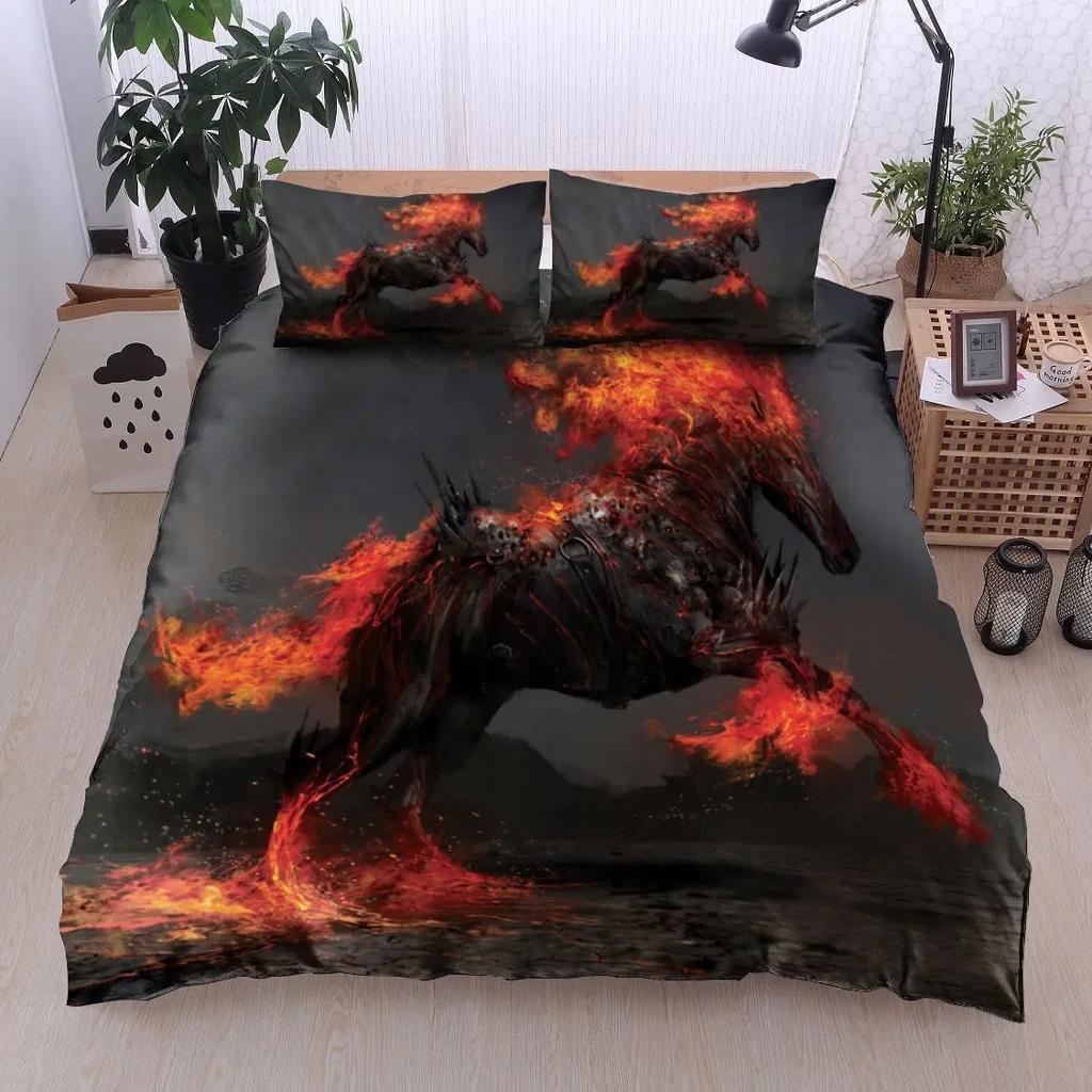 Ice And Fire Riding Horse Duvet Cover Set King SizeFlame Horsing Bedding SetWestern Cowboy Exotic Farmhouse Comforter Cover