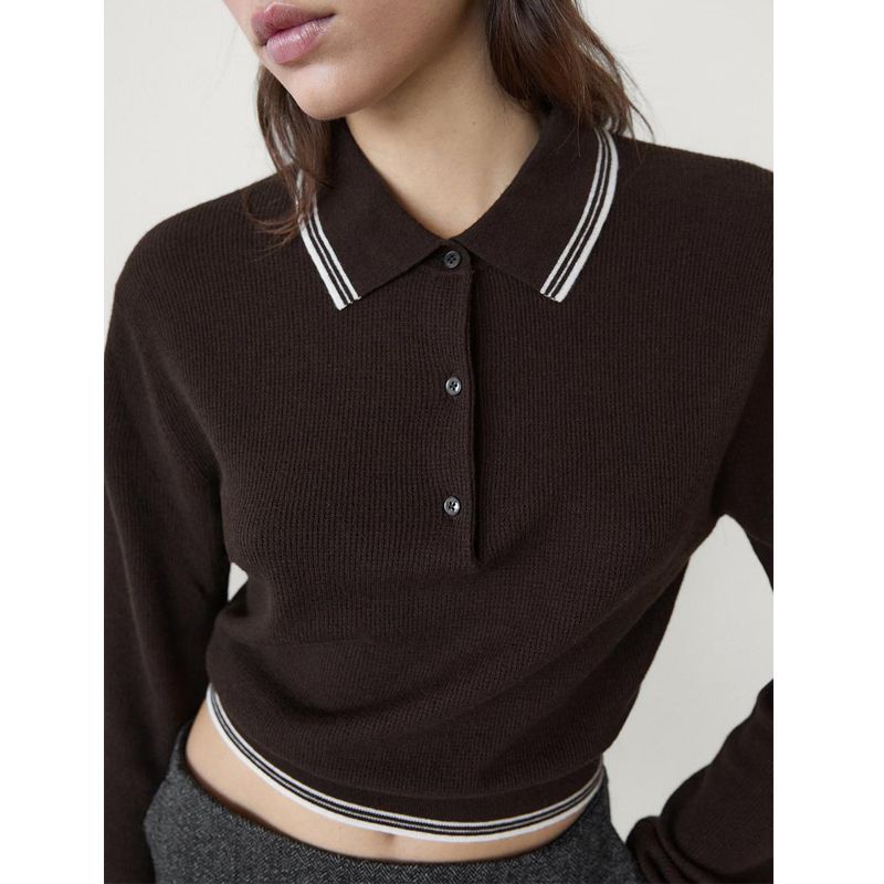 MD Fall and Winter New Women's Clothing French Preppy Style Short Stitching Polo Shirt Collar Long Sleeves Knitwear 5634609