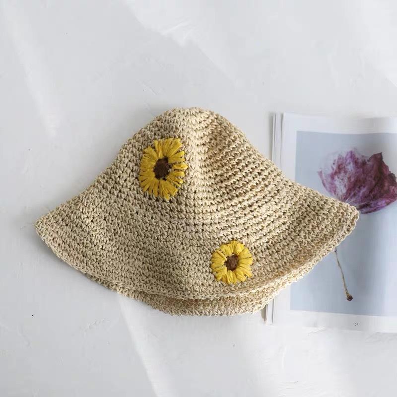

Шляпа женская ручной вязки подсолнух шляпа от солнца солнцезащитная шляпа-ведро для путешествий теневая шляпа-ведро соломенная шляпа для родителей и детей Adult (56-58cm) бежевый