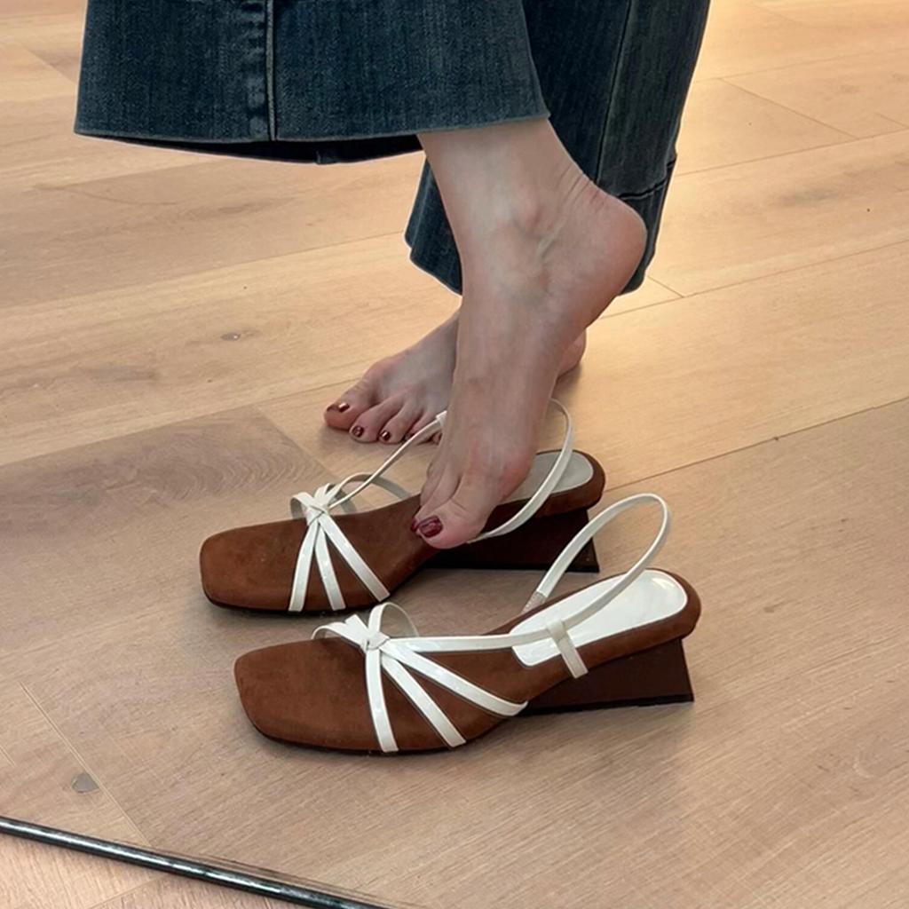 Retro thin strap open-toed sandals women's summer gentle temperament versatile bow slope heels