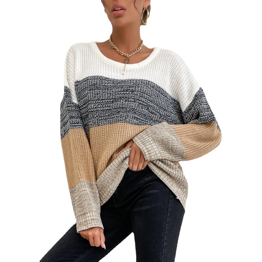 Women's Crew Neck Sweater, Striped, Color-Block, Long Sleeve for Fall and Winter