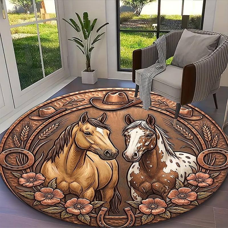 1pc Digital Printed Chair Rug for Home Office Use, Desert Floral Equine Horse Carpet Appropriate for All Seasons, Soft Round Carpet