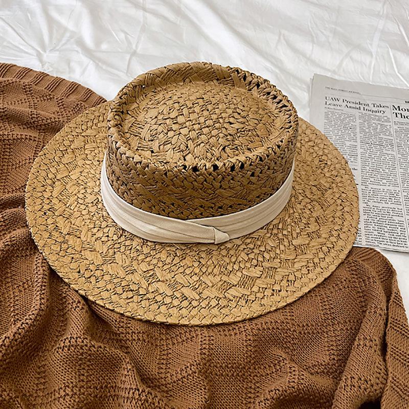 Chapeau de paille à calotte plate ajouré style français vintage pour femme, chapeau de protection solaire, chapeau ajouré tissé pour voyage, plage, vacances