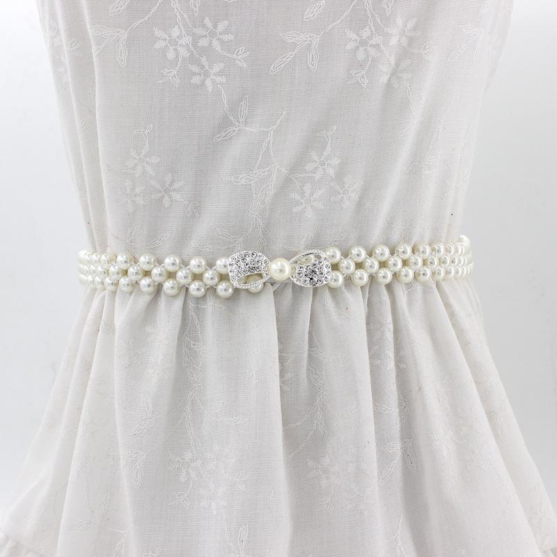 Women'S Rhinestone Pearl Waist Chain Dress Decorative Elastic Belt Women'S Sweet Flower Elastic Waist Seal