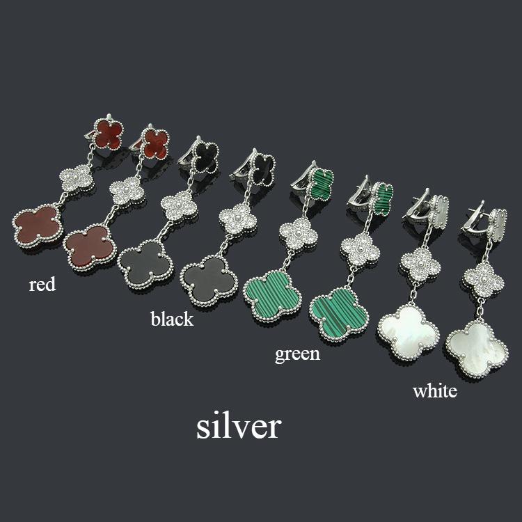 

Black White Red and Green Seashell and Three-flower Ear Studs Earrings Fashionable Four-leaf Clover Design for Women silver зелений
