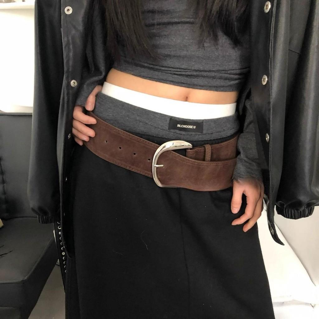 Vintage Y2k Wide Leather Belt With Silver Buckle For Retro Fashion Women