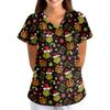 Women's Christmas Print V-Neck Short Sleeve Scrub Top with Pockets, Loose Fit Caregiver