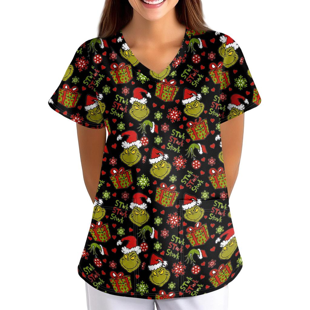 Women's Christmas Print V-Neck Short Sleeve Scrub Top with Pockets, Loose Fit Caregiver