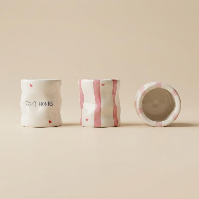Hand Painted Striped Heart Ceramic Mug Irregular Wrinkle Shape Ins Style Coffee Cup For Home Office Afternoon Tea Time Use